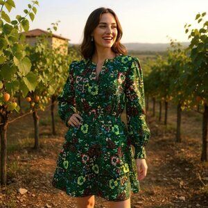 New Roller Rabbit  Pavone Floral Tiered Elastic Print  Dress Green Size Small